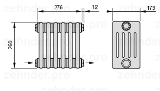 Схема (чертеж) Радиатор Zehnder Charleston 5026/6 №2670 Белый глянцевый RAL 9016